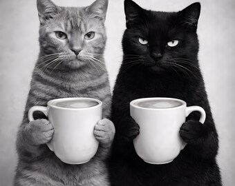 Czarny i pręgowany kot pijący kawę