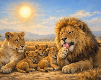 Póster artístico de una familia de leones relajándose