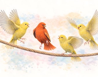 Póster artístico de canarios rojos y amarillos peleándose