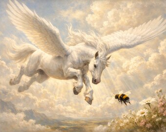 ペガサスアート - 空飛ぶ馬のプリント、レトロな色のペガサスの