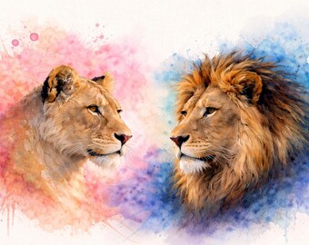 Póster con impresión artística de león y leona azul y rosa