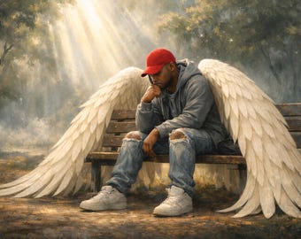 Thinking angel on a park bench art print poster
