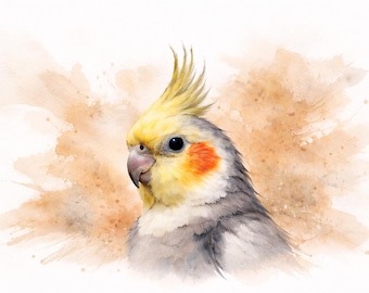 Póster con impresión artística de una cabeza de cacatúa sobre fondo beige.