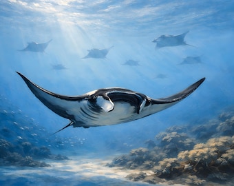 Póster con impresión artística de manta raya en el mar azul