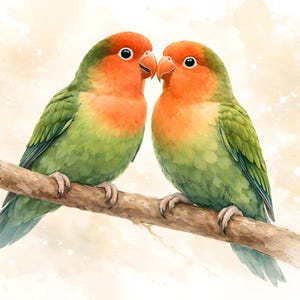 Pode incluir: Pintura em aquarela de dois periquitos-do-amor empoleirados em um galho. Os pássaros têm asas e corpos verdes, com cabeças e peitos laranja. Eles estão voltados um para o outro, com os bicos se tocando, em um galho marrom contra um fundo claro.