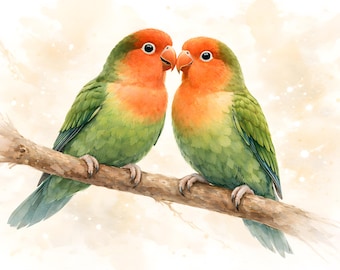 Pájaros del amor sobre beige - Póster con impresión artística