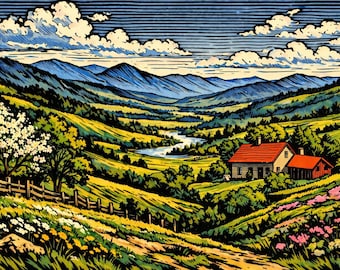 Póster con impresión artística de una casa de campo en un valle