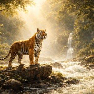 Könnte beinhalten: Ein majestätischer Tiger steht auf einem Felsen in einem üppigen Dschungel. Der Tiger hat orange und schwarze Streifen, mit einem Wasserfall und einem Fluss im Hintergrund. Die Szene ist von Sonnenlicht durchflutet und erzeugt ein lebendiges Wildtierbild.