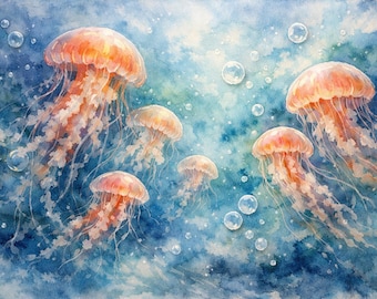 Medusas naranjas y burbujas azules - Póster artístico