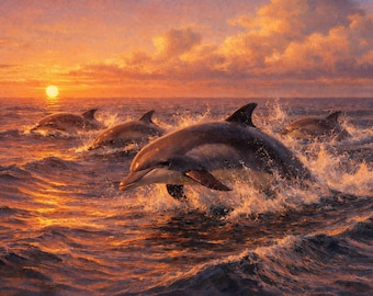 Póster con impresión artística de una manada de delfines al atardecer