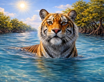 Tigre nadando en el mar - Póster con impresión artística