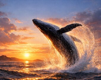 Póster artístico de ballena jorobada al amanecer