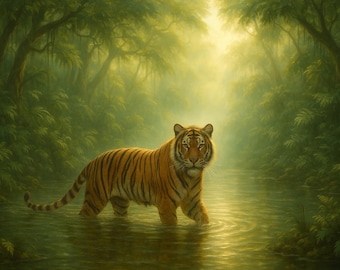 Tiger i djungel i vatten konsttryck poster