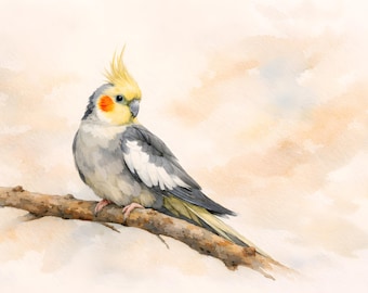 Póster con impresión artística de una cacatúa en una rama sobre fondo beige.