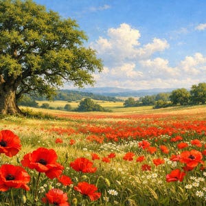 Puede incluir: Una pintura de paisaje vibrante de un campo de amapolas rojas y flores silvestres blancas bajo un cielo azul con nubes. Un gran árbol maduro se alza a la izquierda, con colinas y árboles en el fondo. La escena evoca una sensación de paz y belleza natural.
