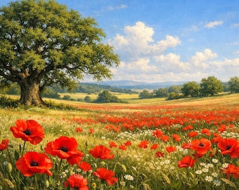 Póster con impresión artística de paisaje de roble en un campo de amapolas