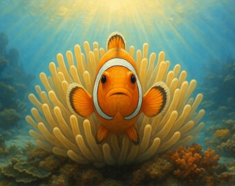 Póster artístico de pez payaso en una anémona