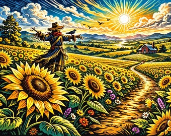 Póster con impresión artística de un espantapájaros en un campo de girasoles