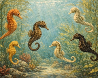 Póster con impresión artística de un banco de caballitos de mar en un paisaje marino