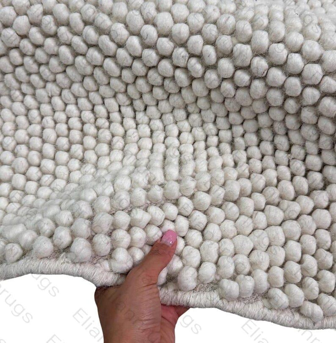 Pebble White Rug Round Handwoven Wool Rug, Ivory Pebble Texture Area Rug, Modern Minimal ...
