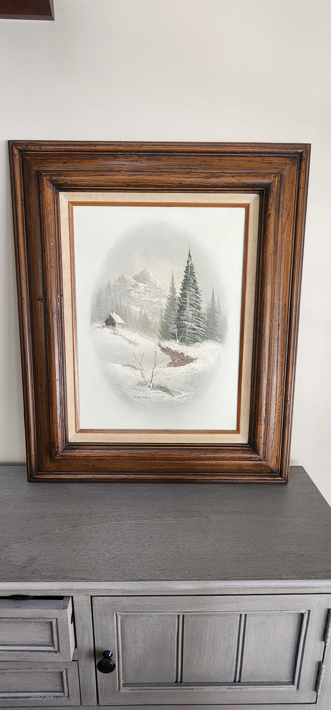 Vintage Winter Landscape Painting Signed Emerson, Rustic Cabin Wall Art ...