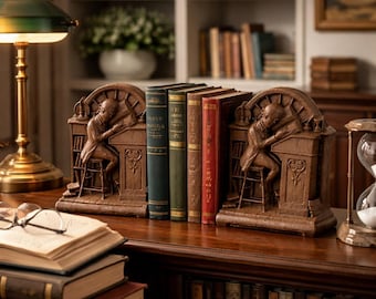 Syrocowood Scholar Bookends Pair Vintage 1930s Library Scene NY Original Label