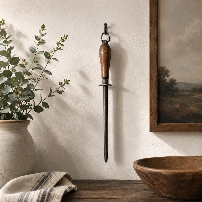 Antique Butcher Honing Steel 17.5" Wood Handle Iron Ring Knife Sharpener Vintage Kitchen Tool image 1