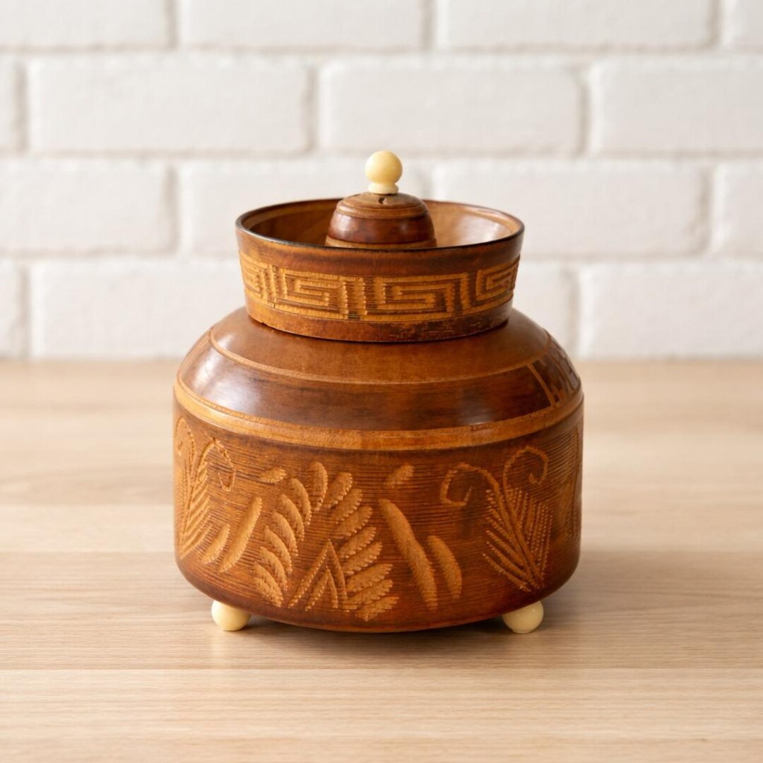 Taxco Mexico Hand Carved Wood Lidded Jar Folk Art Eagle Aztec Geometric ...