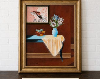 Natura morta originale di arte popolare firmata Lou Miller, omaggio a Matisse, interni