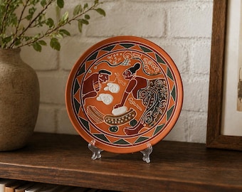Mexican Sgraffito Terracotta Wall Plate Mayan Ceremonial Scene  Folk Art Mexico