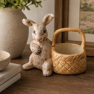 Vintage Ceramic Bunny Rabbit Planter Basket Garden Decor Easter Spring Farmhouse Cottage Pot