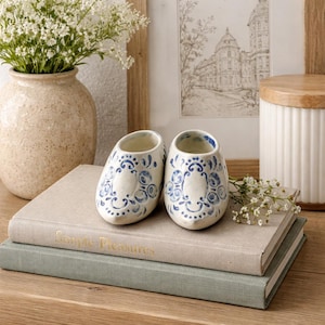 May include: A pair of ceramic clogs, painted white with blue floral designs, rest on a stack of books. The clogs are a decorative item, possibly a souvenir or home decor piece. A vase of white flowers and a framed print are in the background.