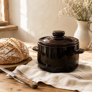 Vintage Brown Drip Glaze Stoneware Bean Pot with Lid | USA Cottagecore Kitchen Decor