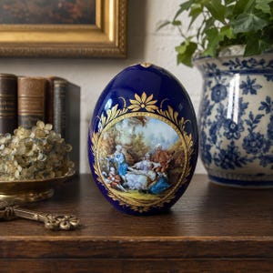 Cobalt Blue Porcelain Egg Gold Gilt Courting Scene Sevres Style Rococo