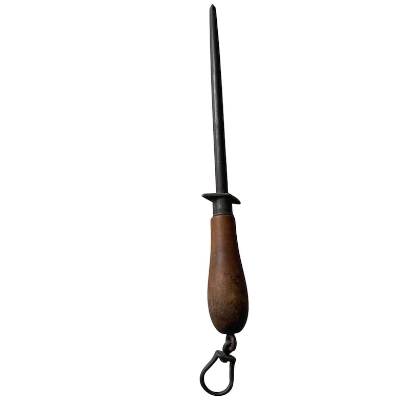 Antique Butcher Honing Steel 17.5" Wood Handle Iron Ring Knife Sharpener Vintage Kitchen Tool image 3