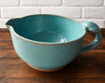 Vintage Signed DW Stoneware Batter Bowl Seashell Handle Teal Pottery