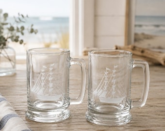 Canecas de cerveja vintage com gravuras de navios clipper – Conjunto de 2 peças náuticas para bar, decoração inspirada na Toscana.