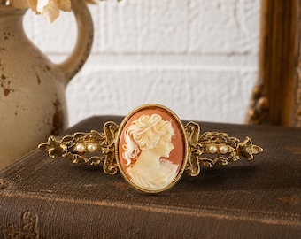 Vintage 1960s Shell Cameo Brooch Victorian Style Seed Pearl Gold Tone Pin Antique Jewelry