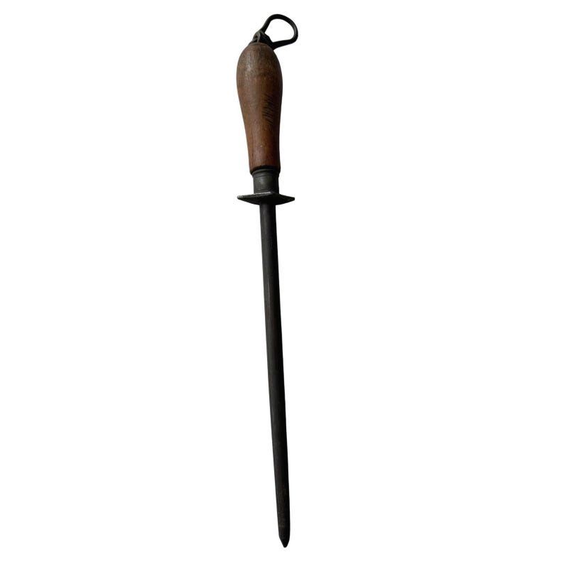 Antique Butcher Honing Steel 17.5" Wood Handle Iron Ring Knife Sharpener Vintage Kitchen Tool image 4