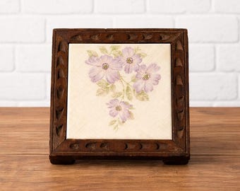 Vintage 1981 Italian Ceramic Tile Wood Framed Trivet Floral Purple 7.