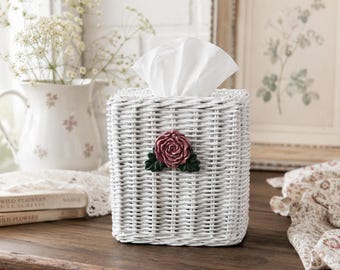 Wicker Tissue Box Cover White Ceramic Rose Cottagecore Shabby Chic Bathroom Decor