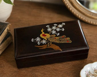 Vintage Japanese Black Lacquer Jewelry Box with Peacock & Cherry Blossom Mirror Inlay