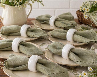 Juego de 6 servilleteros de porcelana blanca - Cerámica repujada - Decoración de mesa estilo rústico