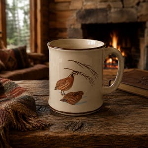 Puede incluir: Taza de cerámica color crema con borde y asa marrones. La taza presenta ilustraciones de dos codornices y ramas. La taza está sobre una superficie de madera, con una chimenea al fondo.