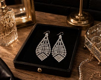 Vintage Rhinestone Chandelier Earrings Crystal Mesh Dangle Silver Tone Statement Jewelry