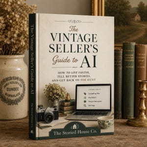 Può includere: Un libro con copertina rigida intitolato The Vintage Seller's Guide to AI, con copertina color crema, testo verde scuro, un portatile con idee per le inserzioni, una fotocamera vintage e una tazza da tè floreale. Il dorso riporta il titolo.