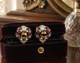Vintage Japan Cluster Clip-On Earrings Burgundy Pearl Art Glass Crystal Bead Statement Jewelry