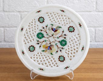 Płyta marmurowa Vintage Pietra Dura - Intarsja z kamienia kratowego Jali - Agra India 8 cali