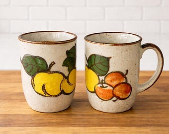 Vintage 70s Speckled Stoneware Fruit Mugs Set of 2