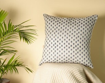 Hand Block Printed Cotton Pillow Cover, Blue Leaf Motif